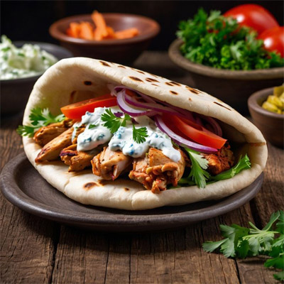 ساندویچ مرغ با نان پیتا و سس آووکادو